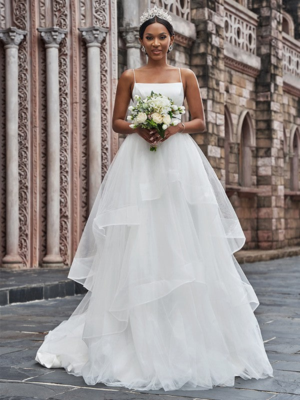 Wholesale A-Line/Princess Tulle Spaghetti Straps Sleeveless Ruffles Sweep/Brush Train Wedding Dresses